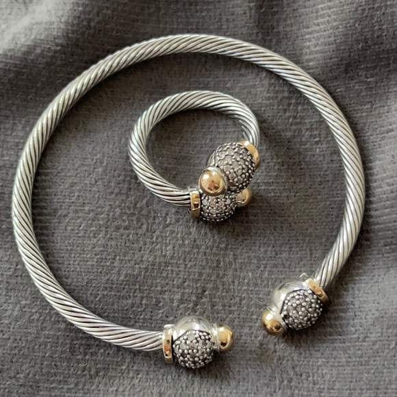 14 k Gold & Sterling Silver Cable Cuff Bracelet and ring set. - Picture 1 of 7